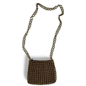 Vintage 60s 70s wood beaded brown crossbody purse with beaded chain strap